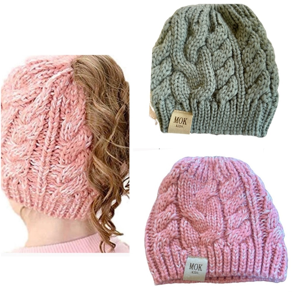 Pair of Two Kids Knit Messy Bun Ponytail Beanies - One Pink & One Grey